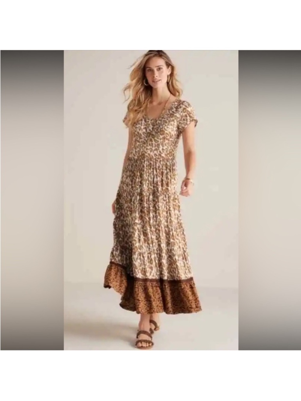 Soft Surroundings Kara Maxi Dress Ruffle White Mocha Leopard Animal‎ Print